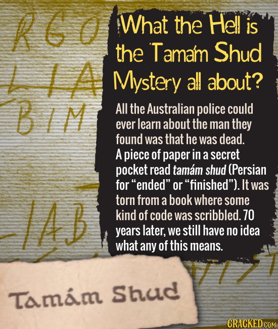 What the Hell is the Tamam Shud L LA Mystery all about? All the Australian police could ever learn about the man they found was that he was