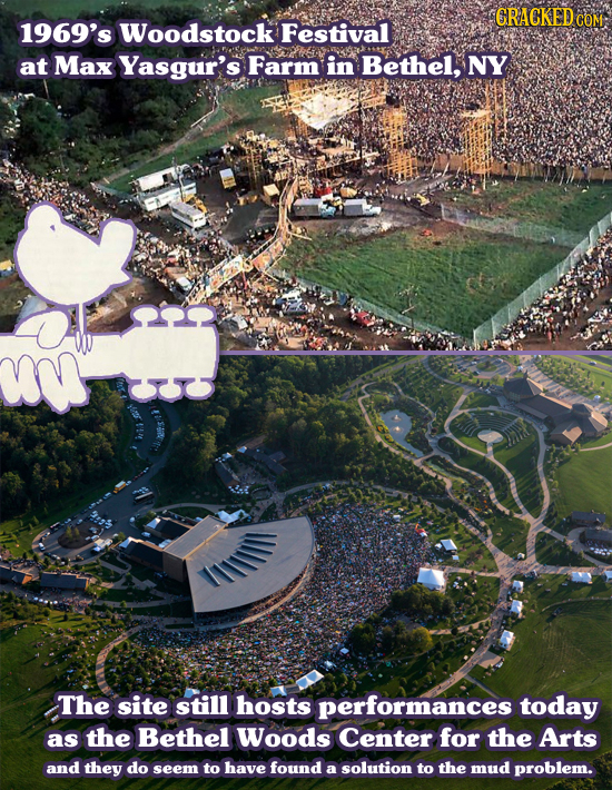 CRACKEDO COM 1969's Woodstock Festival at Max Yasgur's Farm in Bethel, NY O The site still hosts performances today as the Bethel Woods Center for the