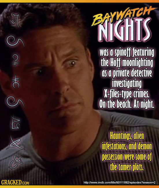 S C E S 9 BAYWATCH NIGHTS was a spinoff featuring the Hoff moonlighting as a private detective HE investigating X-files-type crimes. On the beach. At 