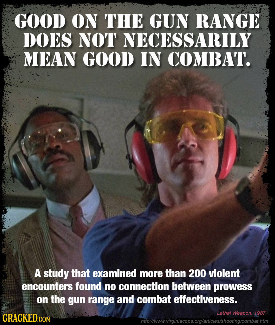 GOOD ON THE GUN RANGE DOES NOT NECESSARILY MEAN GOOD IN COMBAT. A study that examined more than 200 violent encounters found no connection between pro