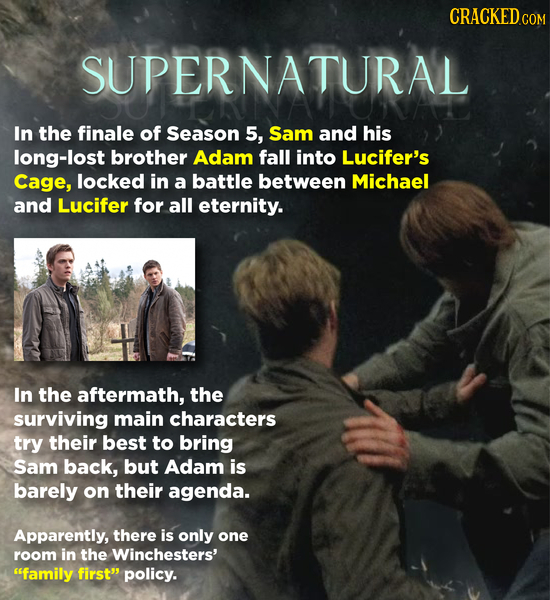 CRACKEDCO SUPERNATURAL In the finale of Season 5, Sam and his long-lost brother Adam fall into Lucifer's Cage, locked in a battle between Michael and 