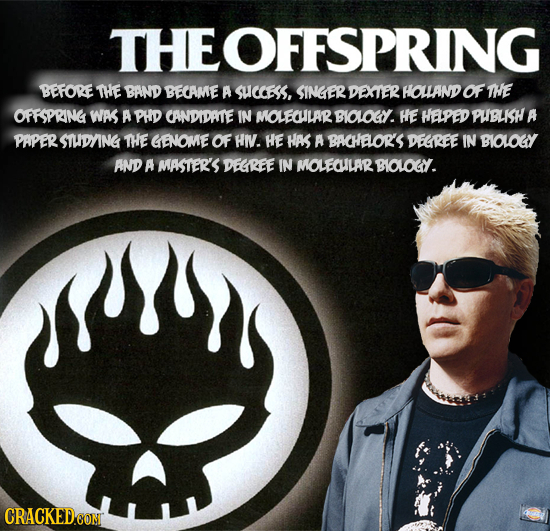 THEOFFSPRING BEFORE THE BAND BECAME A SUCCES, SINGER DEXTER HOLLAND OF THE OFFSPRING WAS A PHD CANDIDATE IN MOLEOILARY BIOLOY. HE HAPED PUBLISH A PAPE