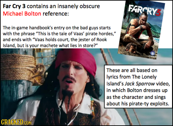 Far Cry 3 contains an insanely obscure FRCRY3 Michael Bolton reference: The in-game handbook's entry on the bad guys starts with the phrase This is t