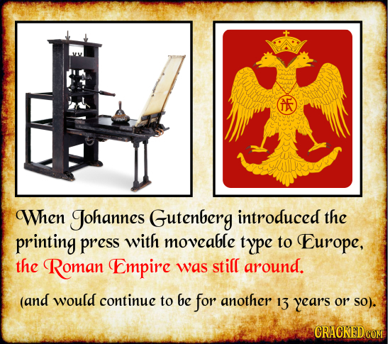 AE When Johannes Gutenberg introduced the printing press with moveable type to Europe, the Roman Empire was still around. (and would continue to be fo