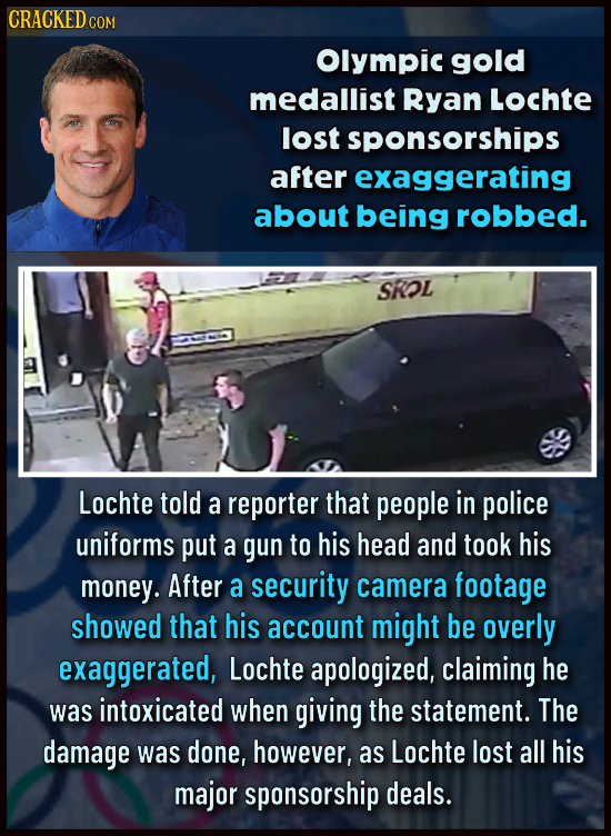 CRACKED COM Olympic gold medallist Ryan Lochte lost sponsorships after exaggerating about being robbed. SROL Lochte told a reporter that people in pol