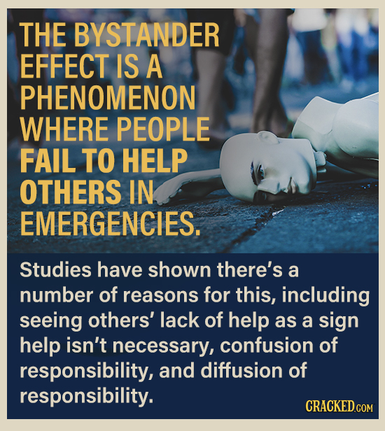 THE BYSTANDER EFFECT IS A PHENOMENON WHERE PEOPLE FAIL TO HELP OTHERS IN EMERGENCIES. Studies have shown there's a number of reasons for this, includi