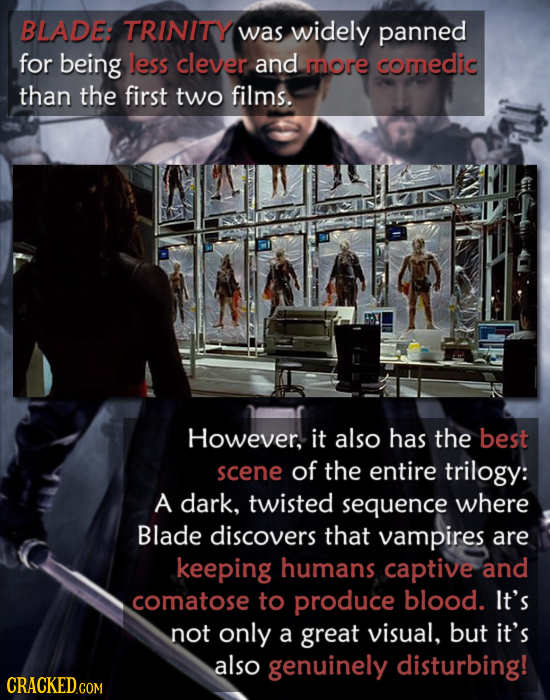 BLADE: TRINITY was widely panned for being less clever and moore comedic than the first two films. However, it also has the best scene of the entire t