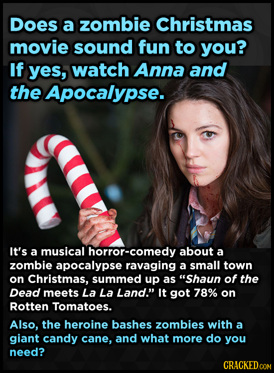 DOes a zombie Christmas movie sound fun to you? If yes, watch Anna and the Apocalypse. It's a musical horror-comedy about a zombie apocalypse ravaging