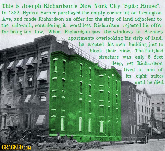 This is Joseph Richardson's New York City Spite House. In 1882, Hyman Sarner purchased the empty corner lot on Lexington Ave, and made Richardson an