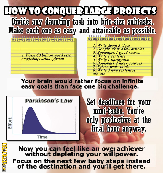 OW TO CONQUER LARGE PROJECTS Divide any daunting task into bite-size subtasks. Make each one as easy and attainable as possible. 1. Write down 3 ideas