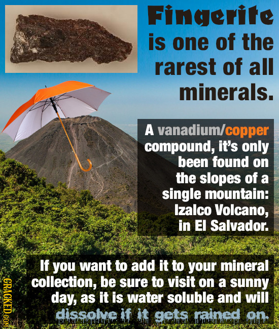 Fingerite is one of the rarest of all minerals. A vanadium/ copper compound, it's only been found on the slopes of a single mountain: lzalco Volcano,