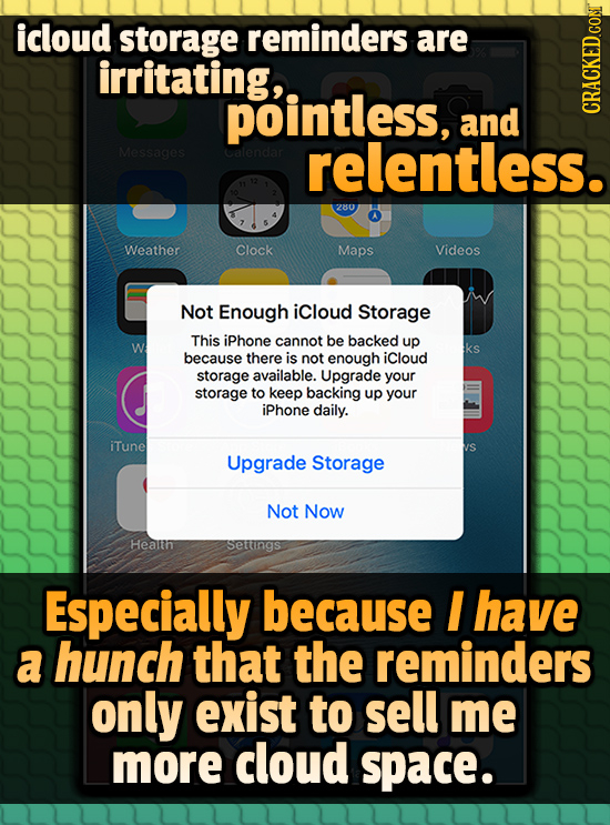 icloud storage reminders are irritating, pointless, and CRACKEDCONT Messages Galendar relentless. 280 Weather Clock Maps Videos Not Enough iCloud Stor