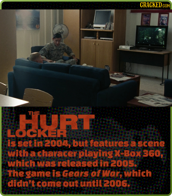 CRACKED COM HURT THE LOCKER is set in 2004, but features a scene with a characer: playing X-BOX 360, which was released in 2005.: The game is Gears of