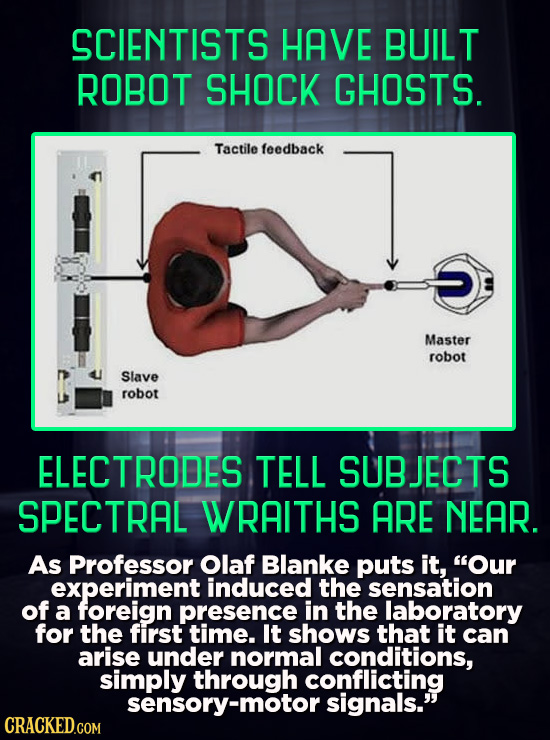 SCIENTISTS HAVE BUILT ROBOT SHOCK GHOSTS. Tactile feedback Master robot Slave robot ELECTRODES TELL SUBJECTS SPECTRAL WRAITHS ARE NEAR. As Professor O