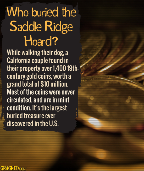 Who buried the Saddle Ridge Hoard? While walking their dog, a California couple found in their property over 400 19th- century gold coins, worth a gra