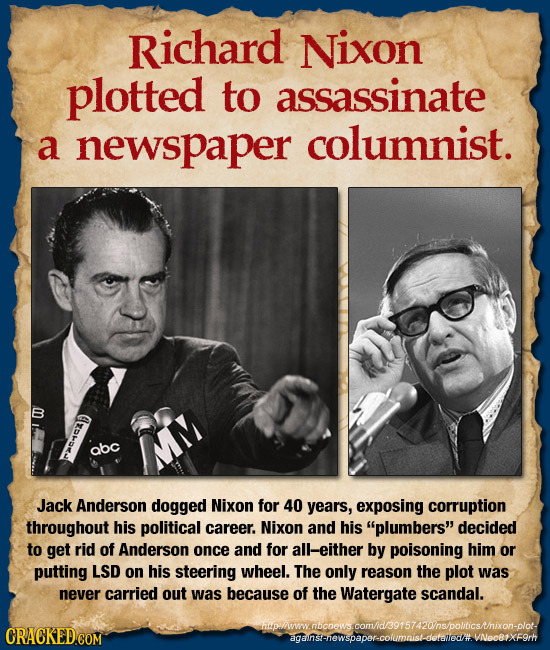 Richard Nixon plotted to assassinate a newspaper columnist. abc Jack Anderson dogged Nixon for 40 years, exposing corruption throughout his political