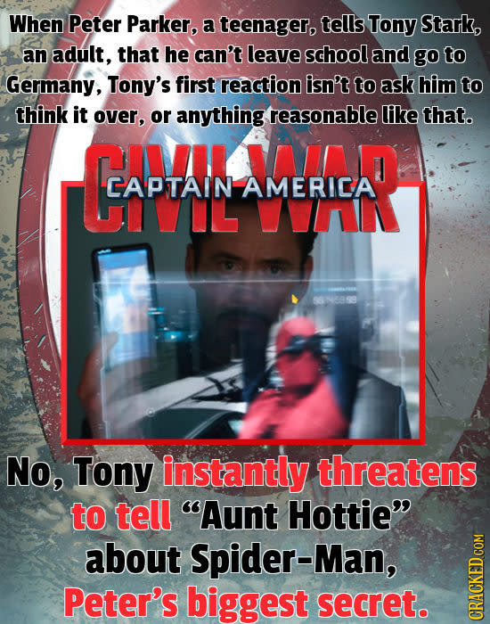 When Peter Parker, a teenager, tells Tony Stark, an adult, that he can't leave school and go to Germany, Tony's first reaction isn't to ask him to thi