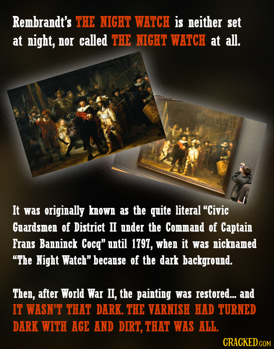 Rembrandt's THE NIGHT WATCH is neither set at night, nor called THE NIGHT WATCH at all. It was originally kNOWN as the quite literal Civic Guardsmen