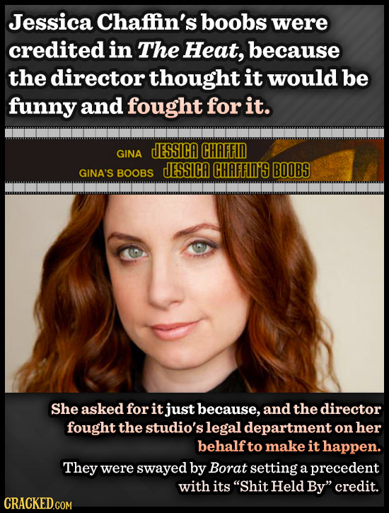 Jessica Chaffin's boobs were credited in The Heat, because the director thought it would be funny and fought for it. ESSICA GINA CHAFFID JESSICA CHAFF