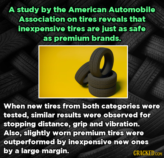 A study by the American Automobile Association on tires reveals that inexpensive tires are just as safe as premium brands. When new tires from both ca