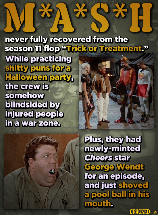 M*A*S*H never fully recovered from the season 11 flop Trick or Treatment. While practicing shitty puns for a Halloween party, the crew is somehow bl