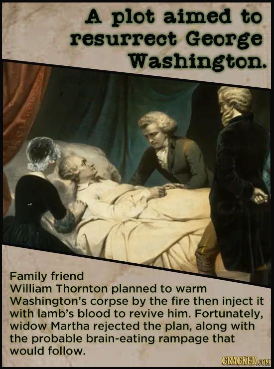 A plot aimed to resurrect George Washington. Family friend William Thornton planned to warm Washington's corpse by the fire then inject it with lamb's