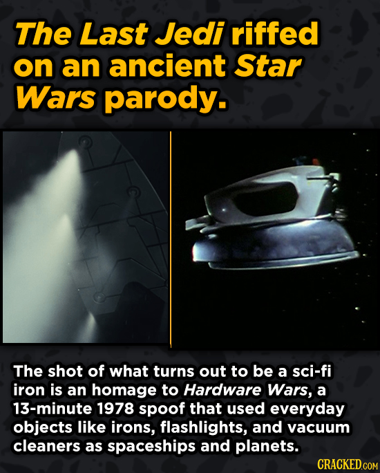 Movies With Sneaky Shout-Outs To Other Movies - The Last Jedi riffed on an ancient Star Wars parody. The shot of what turns out to