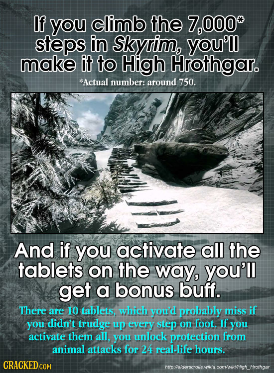 If you climb the 7,000 steps in Skyrim, you'll make it to High Hrothgar. Actual number: around 750. And if you activate all the tablets on the way, y