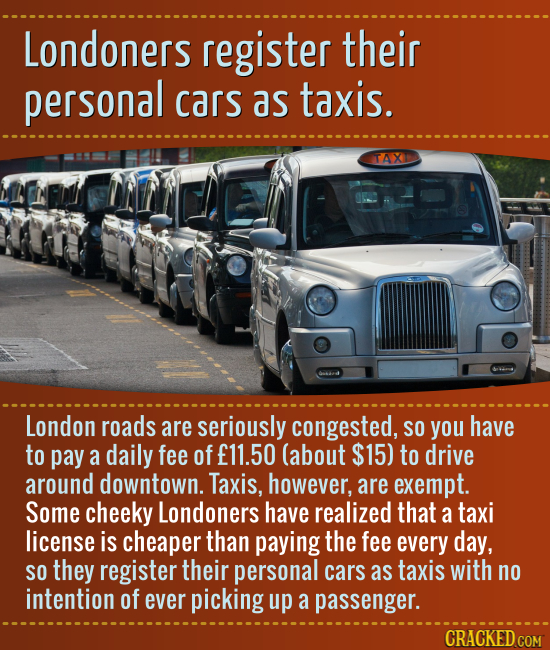 Londoners register their personal cars as taxis. TAX London roads are seriously congested, SO you have to pay a daily fee of f11.50 (about $15) to dri