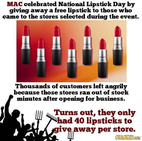 MAC celebrated National Lipstick Day by giving away a free lipstick to those who came to the stores selected during the event. Thousands of customers