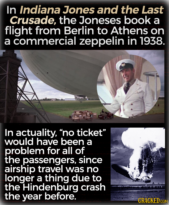 In Indiana Jones and the Last Crusade, the Joneses book a flight from Berlin to Athens on a commercial zeppelin in 1938. In actuality, no ticket wou