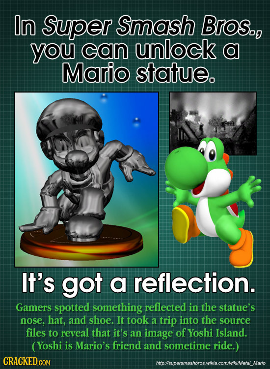 In Super Smash Bros., you can unlock a Mario statue. It's got a reflection. Gamers spotted something reflected in the statue's nose, hat, and shoe. It