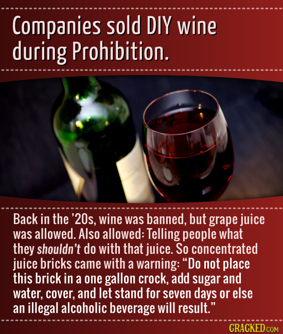 Companies sold DIY wine during Prohibition. Back in the '20s, wine was banned, but grape juice was allowed. Also allowed: Telling people what they sho
