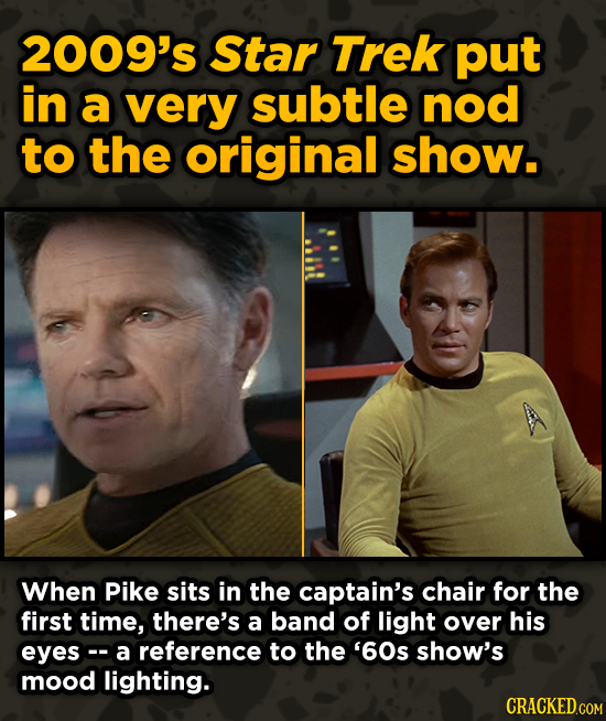 Movies With Sneaky Shout-Outs To Other Movies - 2009's Star Trek put in a very subtle nod to the original show. When Pike sits in the
