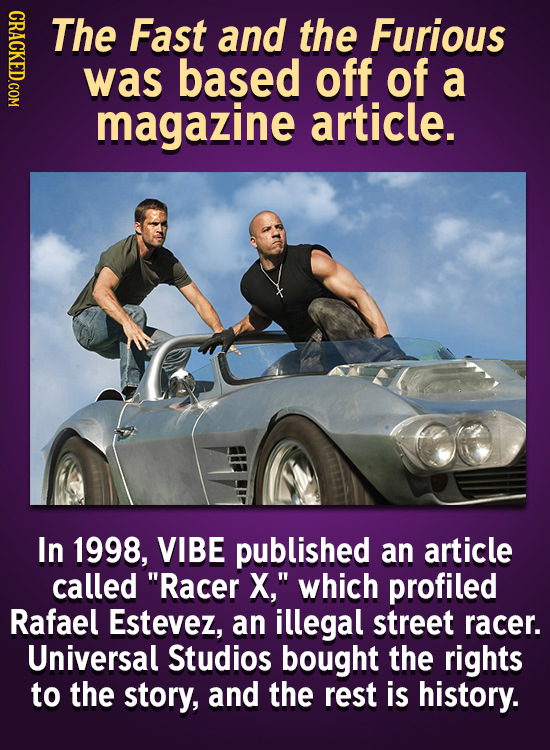 GRAc The Fast and the Furious was based off of a magazine article. In 1998, VIBE published an article called Racer X, which profiled Rafael Estevez,
