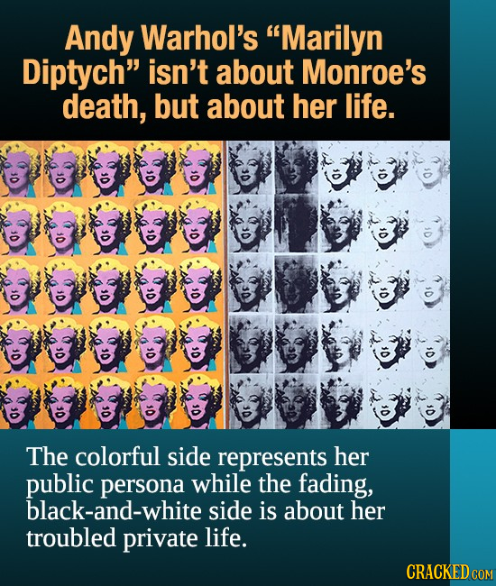 Andy Warhol's Marilyn Diptych isn't about Monroe's death, but about her life. 0 30 Or 0 01 OF 10 Os 0 0 0f 0 0f O The colorful side represents her p