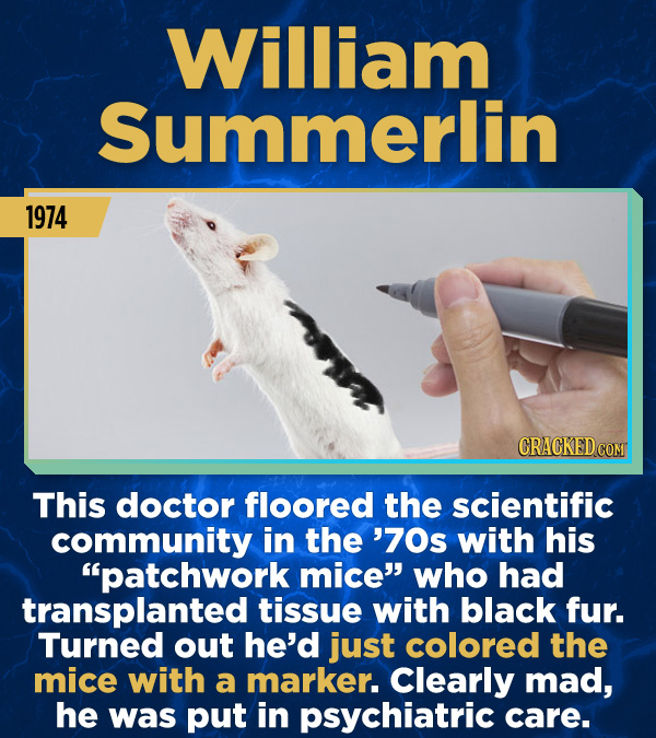 15 Stunning Frauds That Somehow Took People In - This doctor floored the scientific community in the ’70s with his “patchwork mice” who had transplan