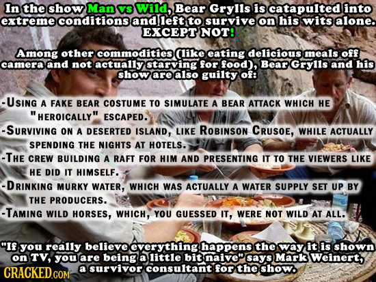 In the show Man vS Wild, Bear Grylls is catapulted into extreme Conditionse andleft to survive on his wits alone. EXCEPT NOT! Among other commodities