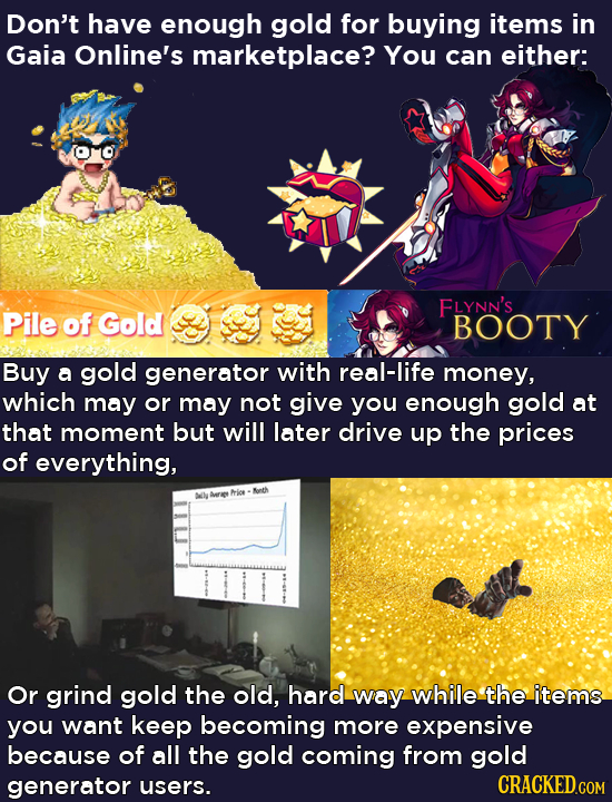 Don't have enough gold for buying items in Gaia Online's marketplace? You can either: FLYNN'S Pile of Gold BOOTY Buy a gold generator with real-life m