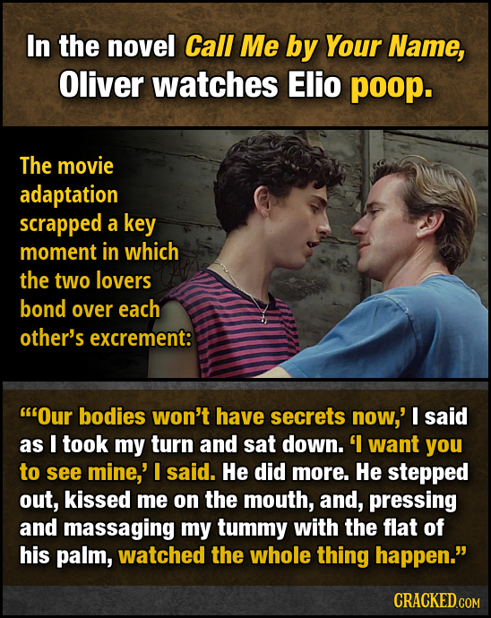 In the novel Call Me by Your Name, Oliver watches Elio poop. The movie adaptation scrapped a key moment in which the two lovers bond over each other's