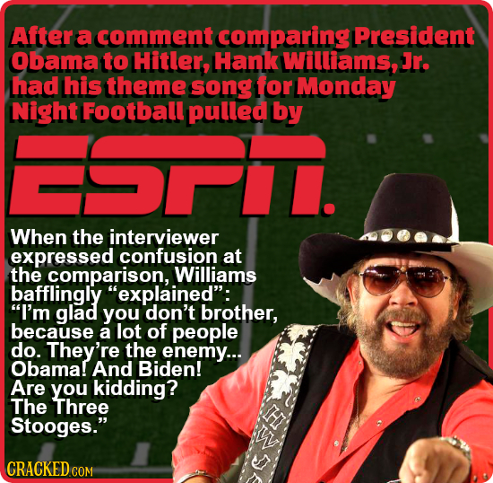 After a comment comparing President Obama to Hitler, Hank Williams, Jr. had his theme song for Monday Night Football pulled by ST When the interviewer