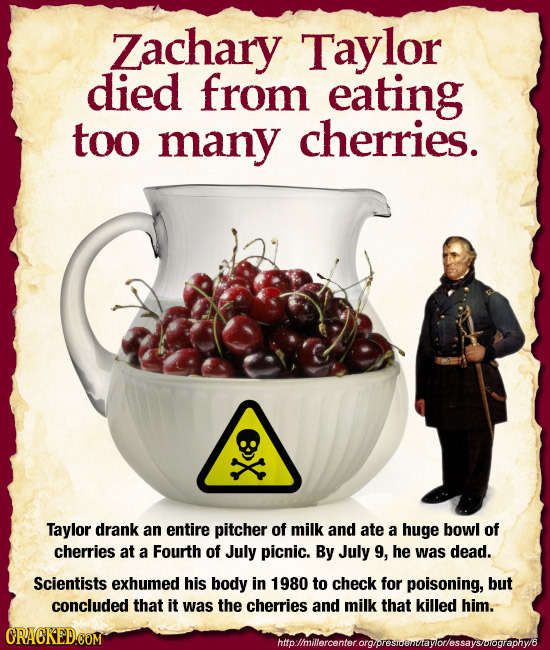 Zachary Taylor died from eating too many cherries. Taylor drank an entire pitcher of milk and ate a huge bowl of cherries at a Fourth of July picnic.