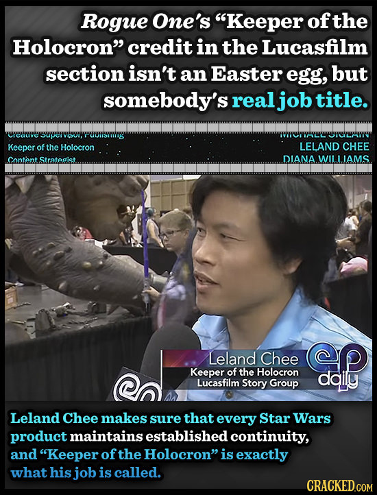 Rogue One's Keeper of the Holocron credit in the Lucasfilm section isn't an Easter egg, but somebody's real job title. rcative UiSig Keeper of the H