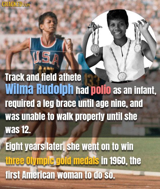 CRACKED COM US.A Track and field athete Wilma Rudolph had polio as an infant, required a leg brace until age nine, and was unable to walk properly unt
