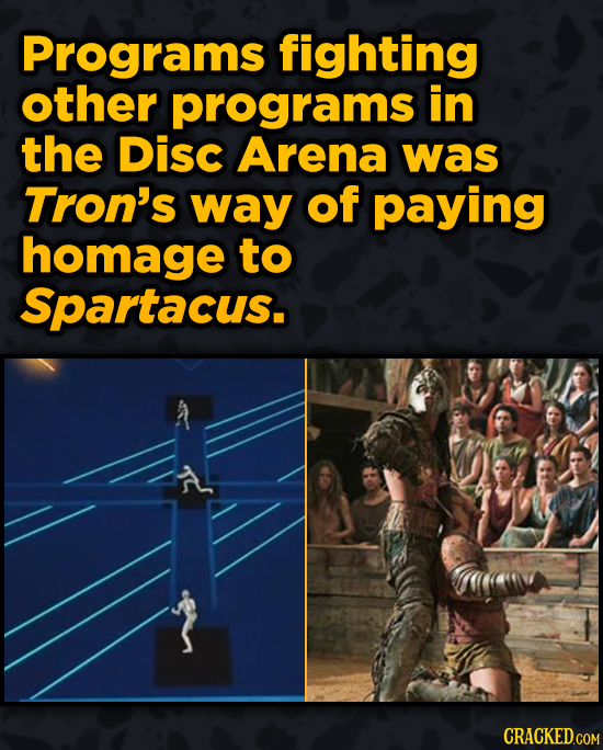 Movies With Sneaky Shout-Outs To Other Movies - Programs fighting other programs in the Disc Arena was Tron's way of paying homage to Spartacus.