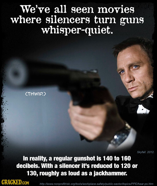 We've all geen movies where silencers turn guns whisper-quiet. CTHWIP.) Skyfall. 2012. In reality, a regular gunshot is 140 to 160 decibels. With a si