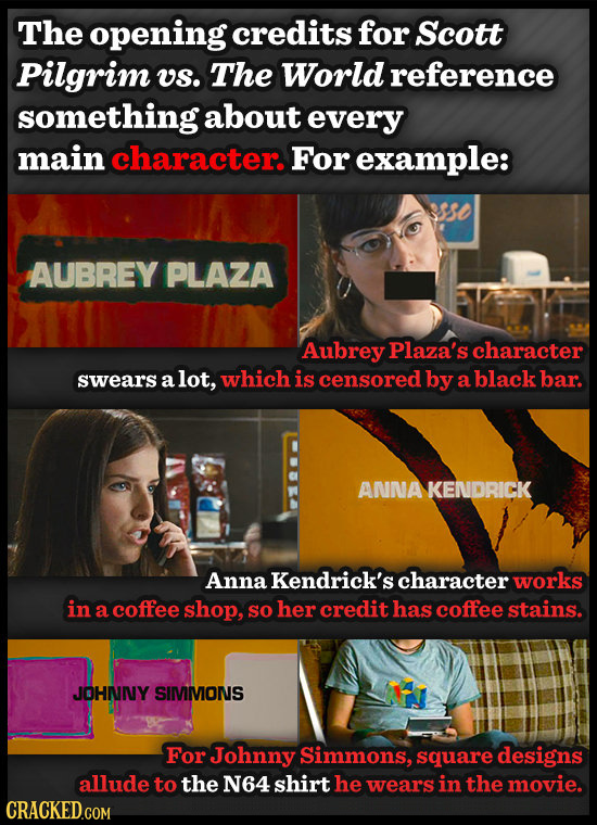The opening credits for Scott Pilgrim us. The World reference something about every main character. For example: sso AUBREY PLAZA Aubrey Plaza's chara