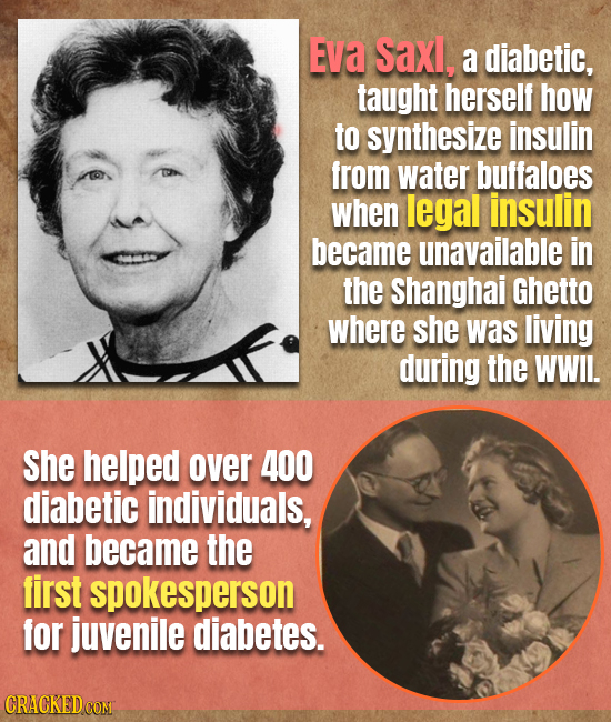 EVa Saxl, a diabetic, taught herself how to synthesize insulin from water buffaloes when legal insulin became unavailable in the Shanghai Ghetto where