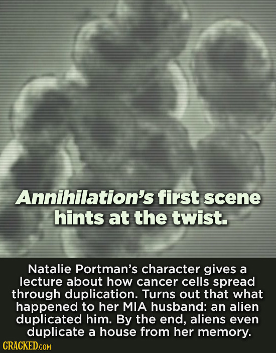 Annihilation's first scene hints at the twist. Natalie Portman's character gives a lecture about how cancer cells spread through duplication. Turns ou