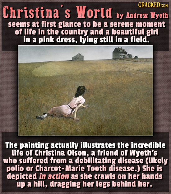 Christina's World CRACKEDCOR by Andrew Wyeth seems at first glance to be a serene moment of life in the country and a beautiful girl in a pink dress, 